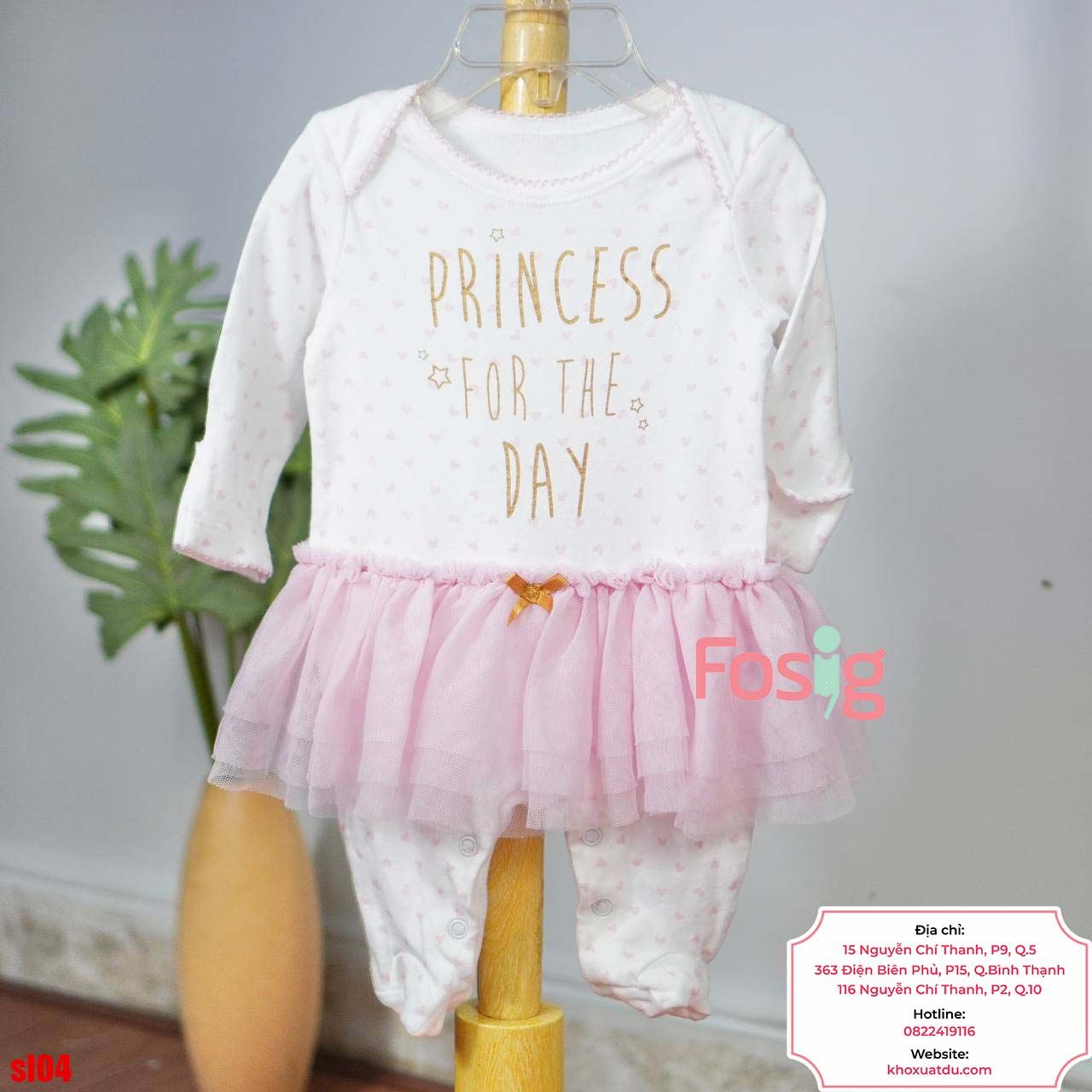  [3m] Sleepsuit Có Vớ Bé Gái - Trắng Tim Princess 