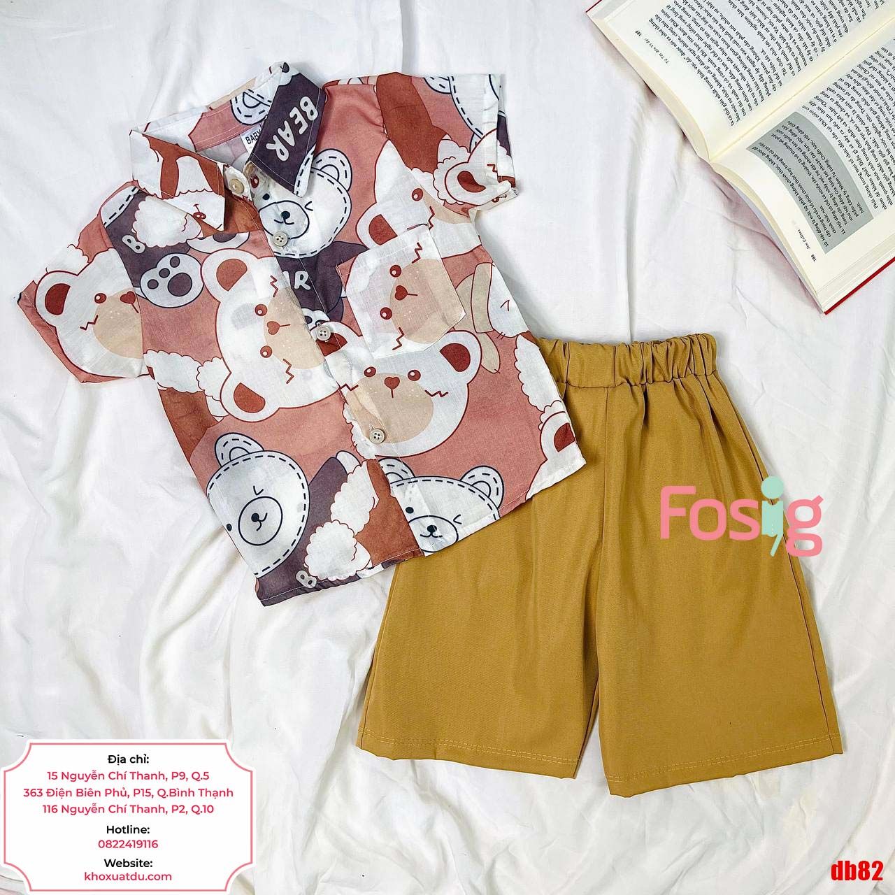 7-8kg; 9-10kg; 13-21kg Set Đồ Bộ Ngắn Sơ Mi Kate Bé Trai - Nâu Gấu