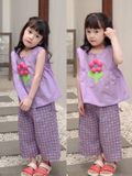  [8-12kg; 15-16kg] Set Đồ Bộ Ngắn Kate Áo Sát Nách Quần Dài Bé Gái - Tím Hoa Hồng 