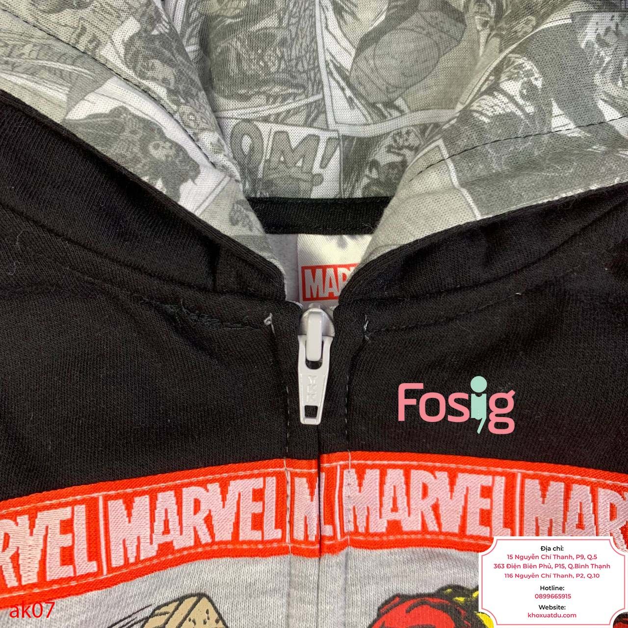  [18-19kg] Áo Khoác Nỉ Hoodie Bé Trai Marvel - Đen Xám Marvel 