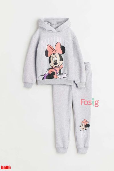  [11-14kg] Set Đồ Bộ Dài Nỉ Hoodie HM Bé Gái - Xám Minnie 