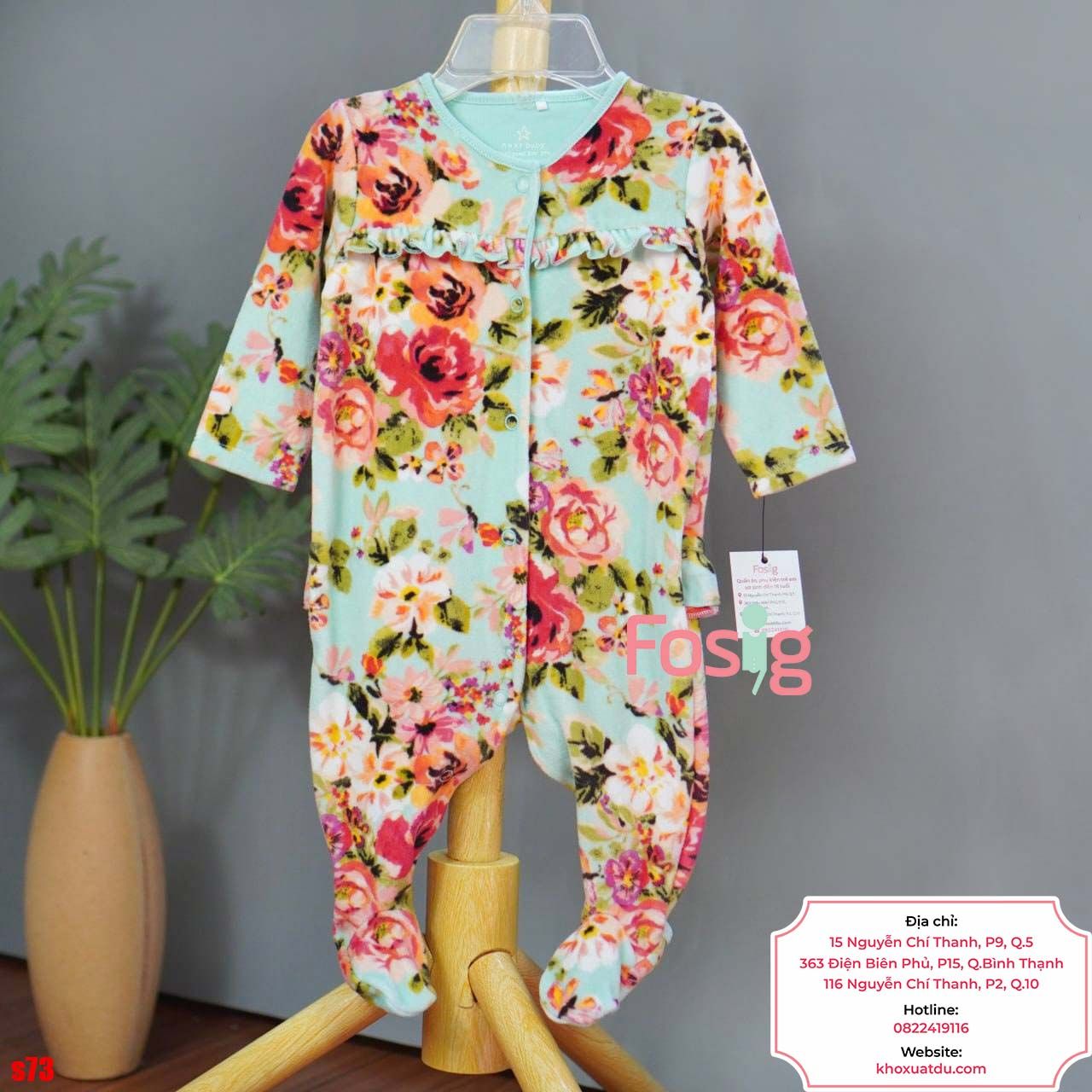  [nb-6m] Sleepsuit Baby nỉ nhung bé gái Xanh nxt Ngọc Hoa Hồng 