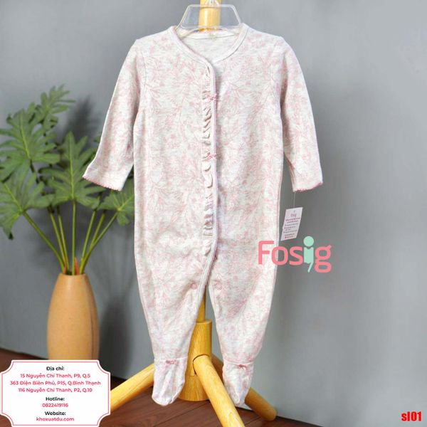  [3-6m] Sleepsuit Có Vớ Cúc Bấm Bé Gái - Xám Lá Hồng 