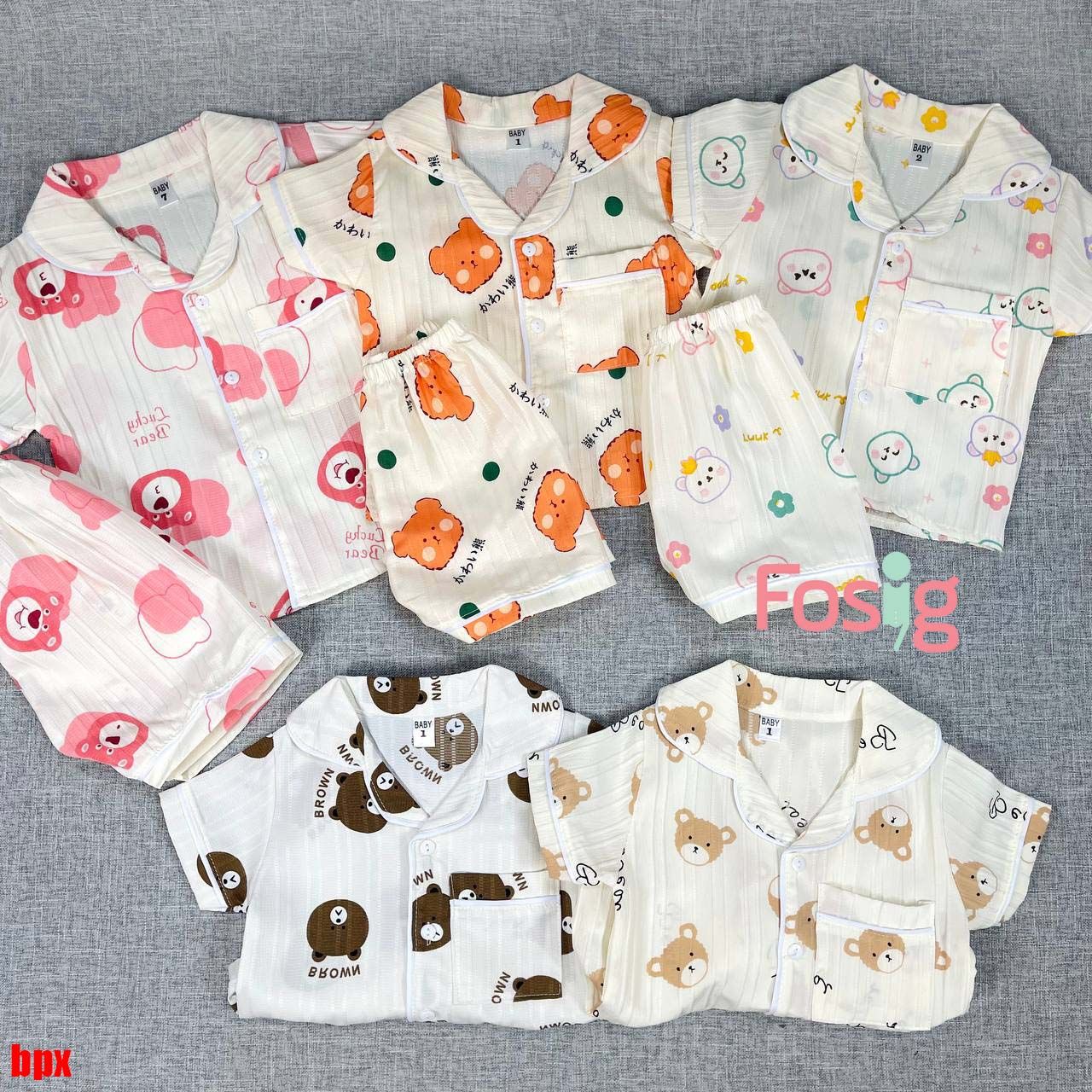  [6-15kg] Set Đồ Bộ Ngủ Ngắn Pijama Vải Xô Cho Bé - Kem Gấu Cam 