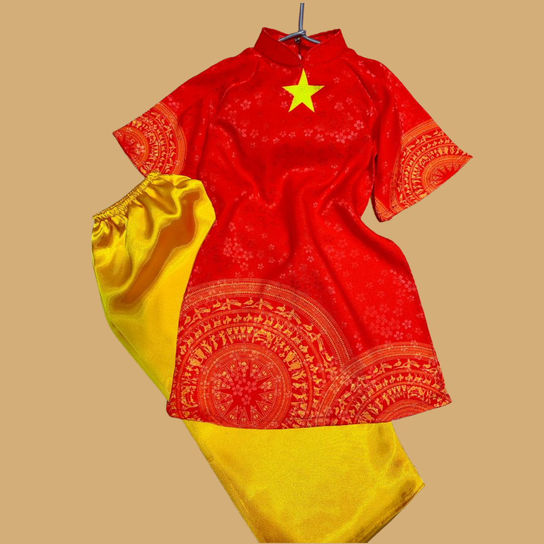 8-36kg; 1-10T (loại tốt) Áo dài lá cờ đỏ sao vàng cho bé gái- Đỏ hoa mai, quần phi bóng loại 1
