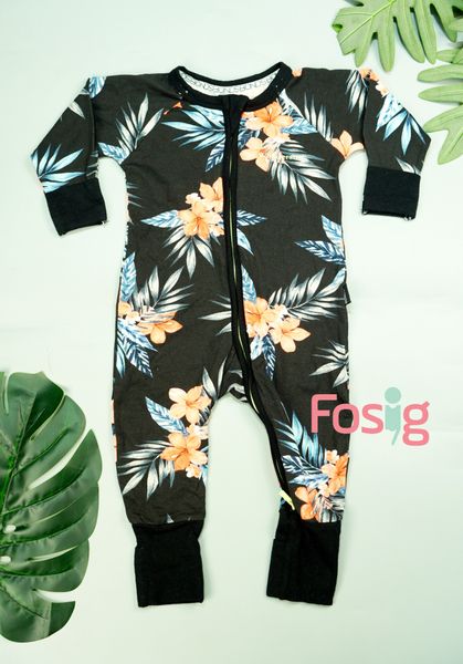  [0-3m] Sleepsuit Không Vớ Khóa Kéo Bé Gái - Đen Hoa Cam 