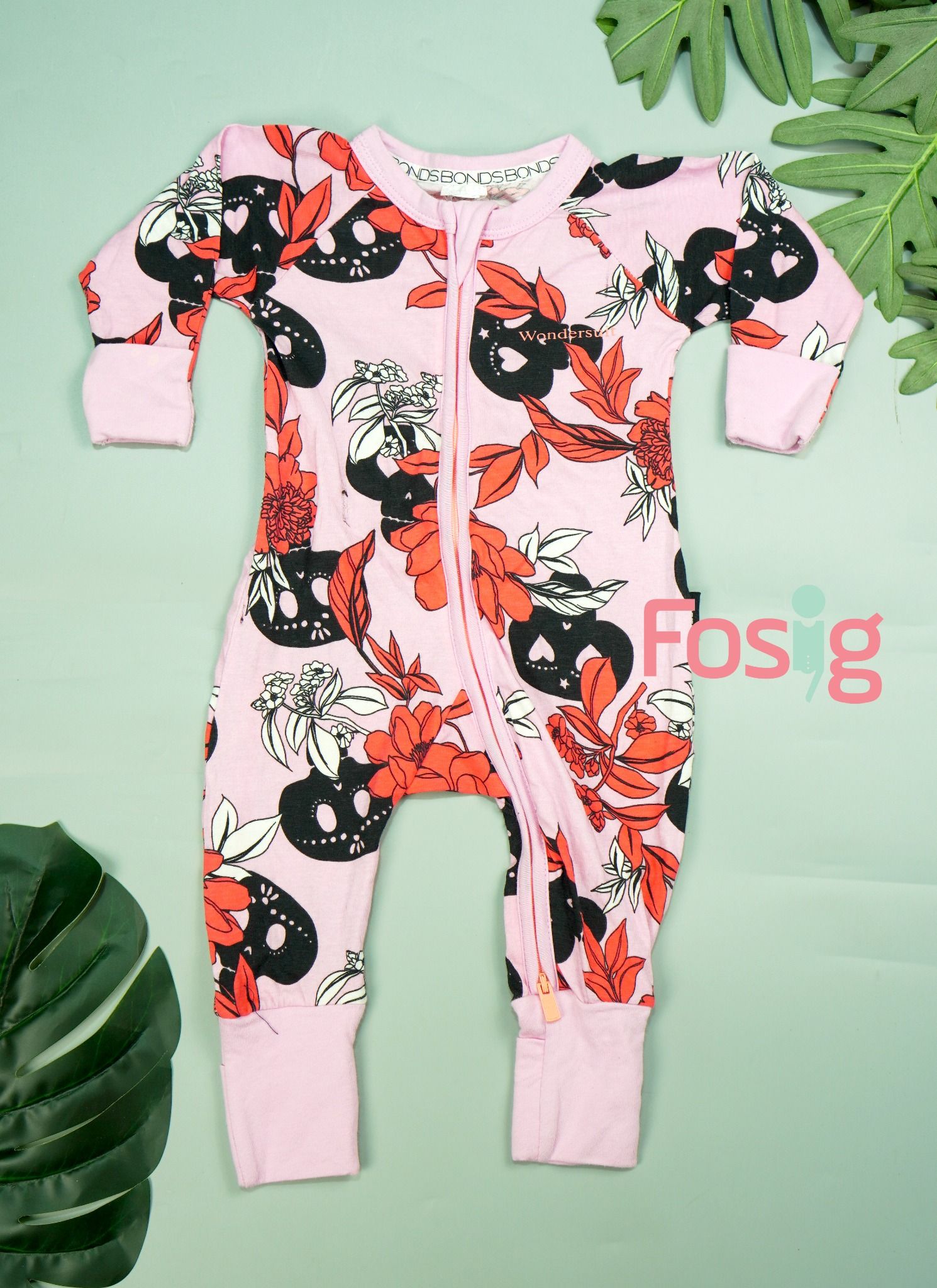  [3-6m ; 15-16kg] Sleepsuit Không Vớ Khóa Kéo Bé Gái - Hồng Hoa Cam 