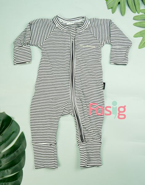  [3-6m] Sleepsuit Không Vớ Khóa Kéo Bé Trai - Trắng Sọc Đen 