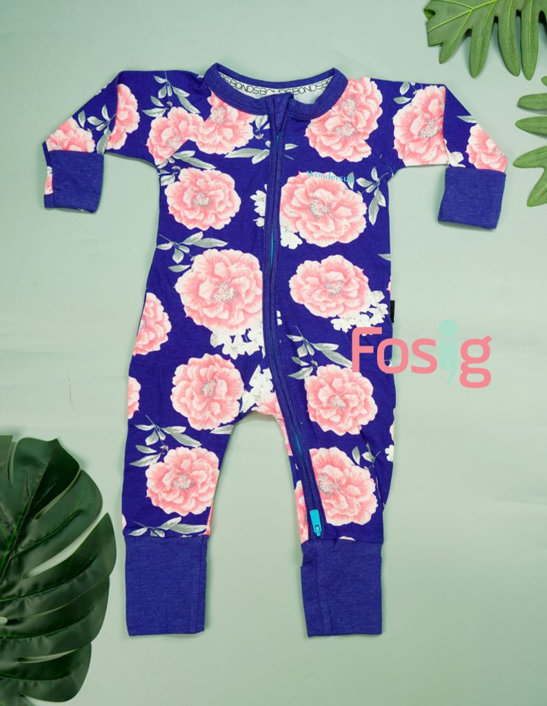  [3-6m] Sleepsuit Không Vớ Khóa Kéo Bé Gái - Xanh Dương Hoa Hồng 