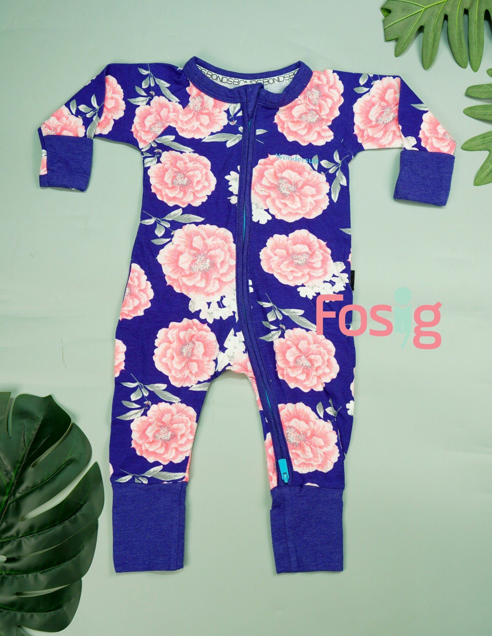  [3-6m] Sleepsuit Không Vớ Khóa Kéo Bé Gái - Xanh Dương Hoa Hồng 