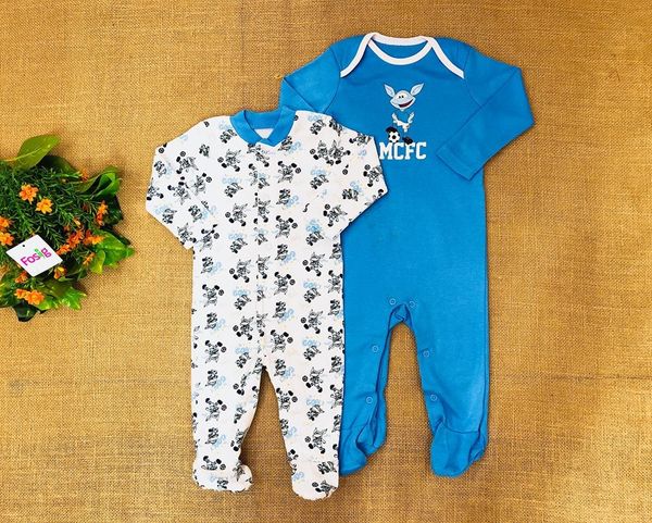  [3-4.5kg] Set 2 Sleepsuit Có Vớ Bé Trai  - White Blue 