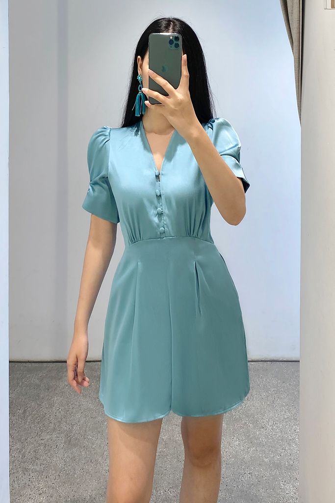 Mini jumpsuits satin blue cổ tim