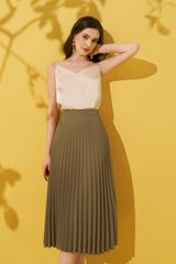 Midi skirts casual style tuytsy trơn nâu ánh rêu dập ly