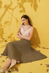 Midi skirts casual style tuytsy trơn nâu ánh rêu dập ly