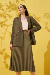 Midi skirts casual style tuytsy trơn nâu ánh rêu dập ly