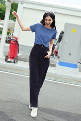 Cropped T-shirts casual style cotton trơn blue