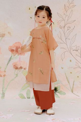 Thiều Hoa - Áo dài bé gái hoa quất mùa xuân nền cam