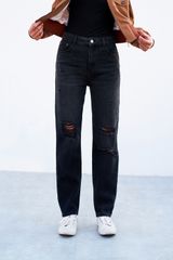 Mom fit jeans casual style dark grey rách gối