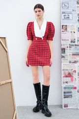 Đầm mini tweed karo đỏ phối chất liệu cổ