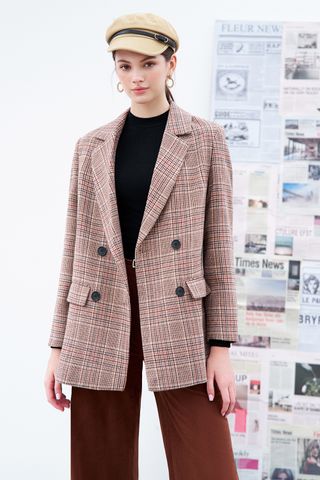 Áo khoác dạ houndstooth nâu nhạt