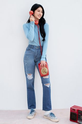 Mom fit jeans casual style blue rách gối