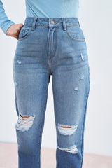 Mom fit jeans casual style blue rách gối