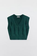 Gile len cashmere giãn sợi dark green cổ tim