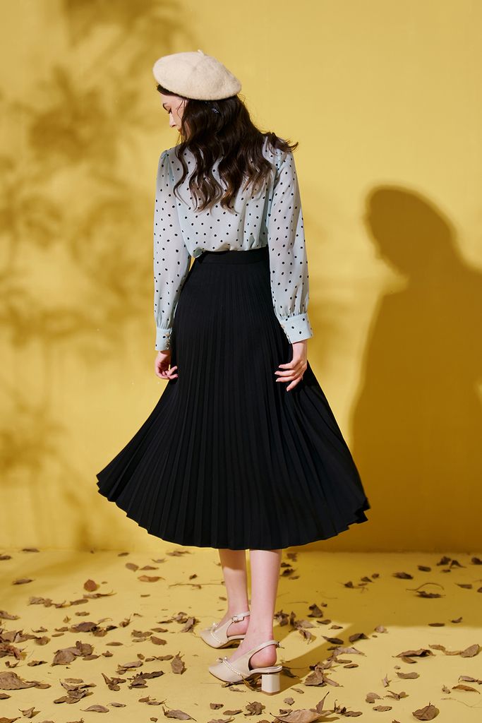 Midi skirts casual style tuytsy trơn đen dập ly