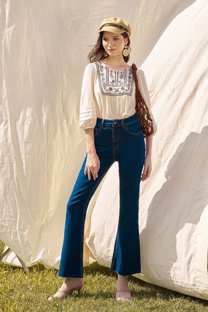 Flare jeans casual style denim trơn xanh chàm