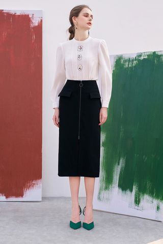 Midi skirts casual style tuytsy trơn đen khoá