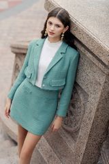 Chân váy mini tweed smoke green rua túi