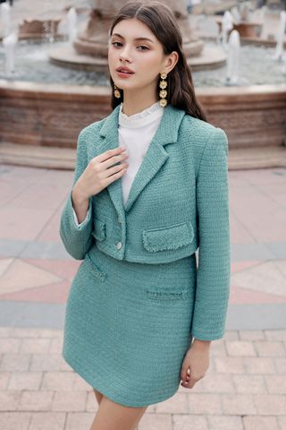 Áo khoác tweed smoke green khuy kim loại