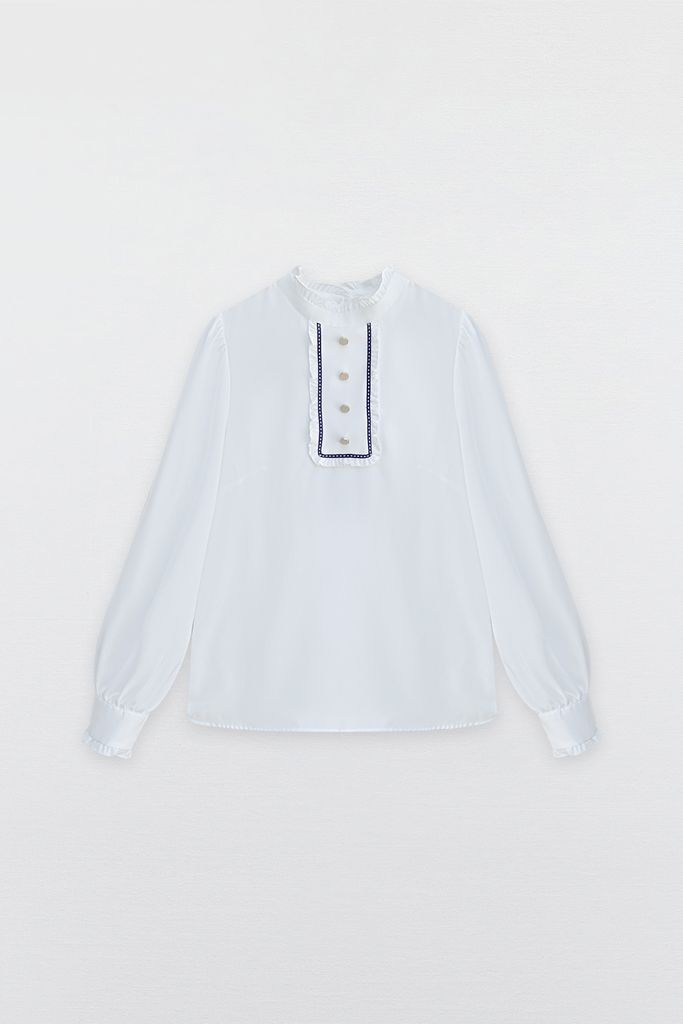 Shirts casual style lụa trắng dây trang trí bèo cổ