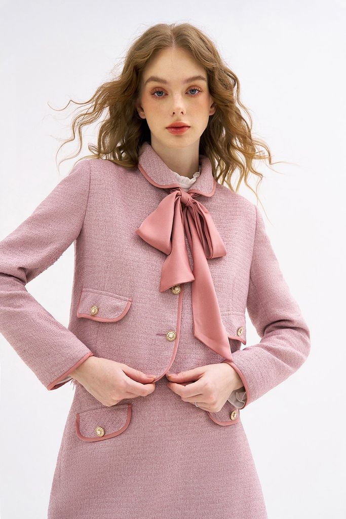 Áo khoác tweed casual style hồng nơ lụa