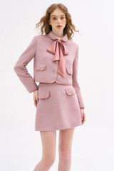 Áo khoác tweed casual style hồng nhạt nơ lụa