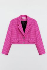 Áo khoác tweed houndstooth hồng khuy kim loại crop