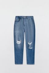 Mom fit jeans casual style blue rách gối