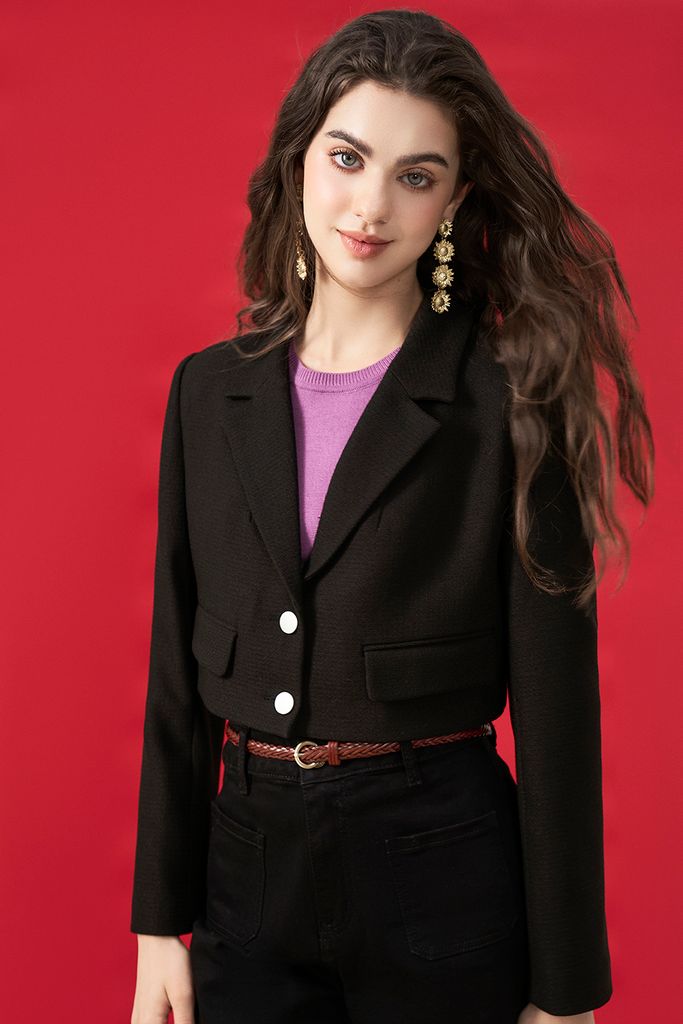Áo khoác tweed lóng vuông black khuy kim loại