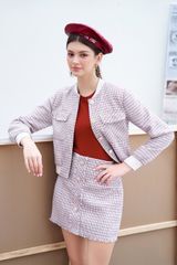 Chân váy mini tweed karo đỏ mix sợi khuy trang trí