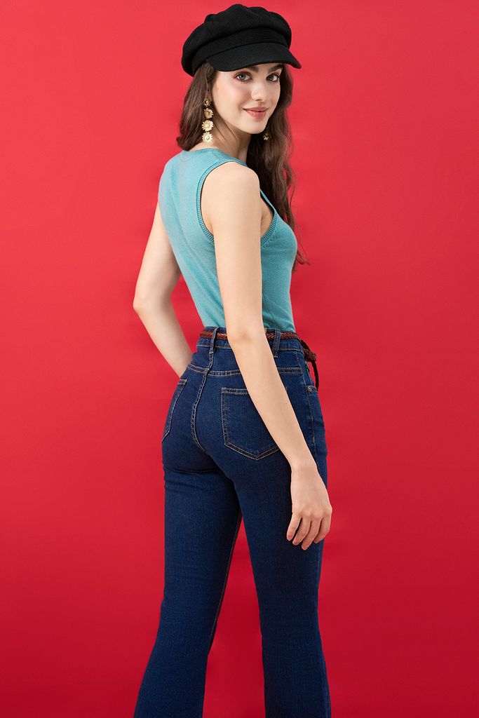 Flare jeans casual style denim trơn xanh chàm