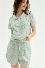 Set Pyjamas lụa tay cộc quần short hoa dây nền xanh mint