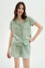 Set pyjamas cộc cổ 2 ve lụa đũi xanh mint