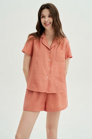 Set pyjamas cộc cổ 2 ve lụa đũi hồng cam