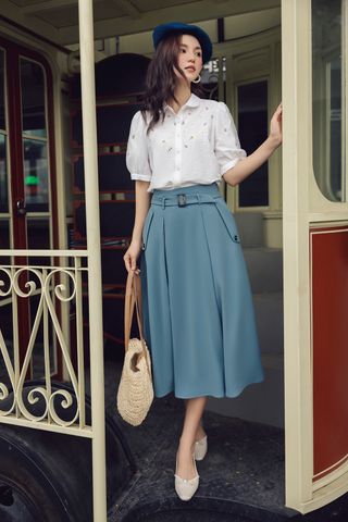 Chân váy midi tuytsy xanh pastel xếp ly