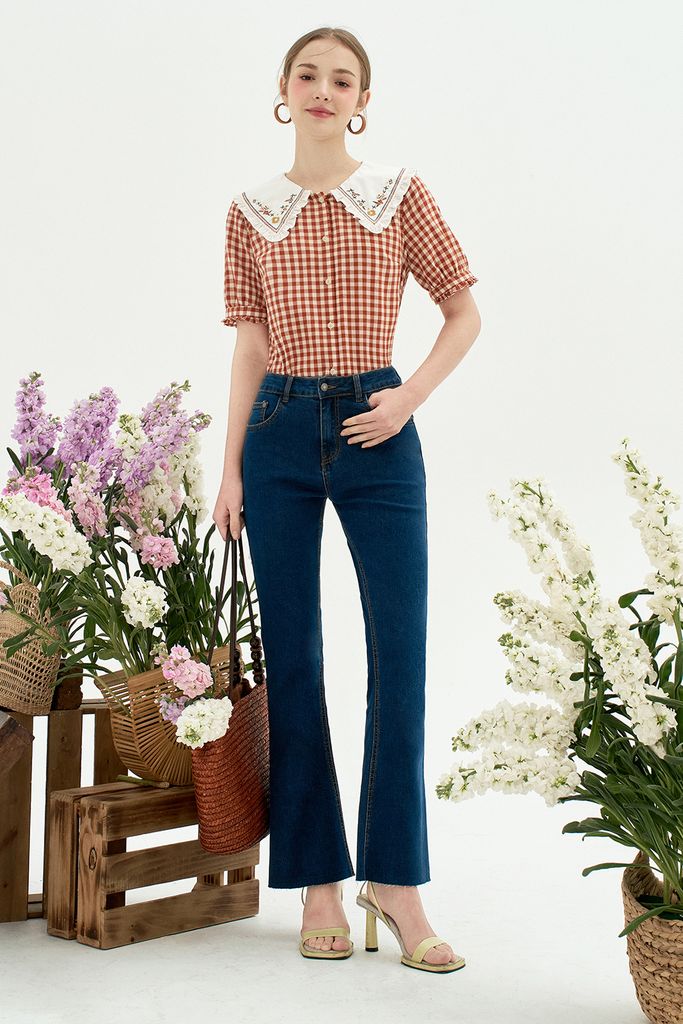 Flare jeans casual style denim trơn xanh chàm