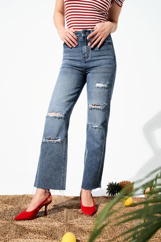 Quần jeans ống suông xanh chàm mài rách