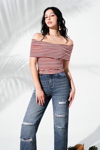 Áo phông crop thun tăm kẻ đỏ trắng off shoulder