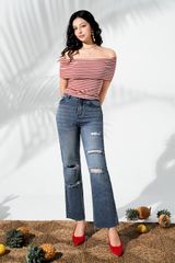 Áo phông crop thun tăm kẻ đỏ trắng off shoulder