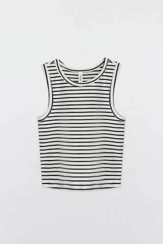 Áo Tanktop crop thun tăm kẻ ngang trắng navy