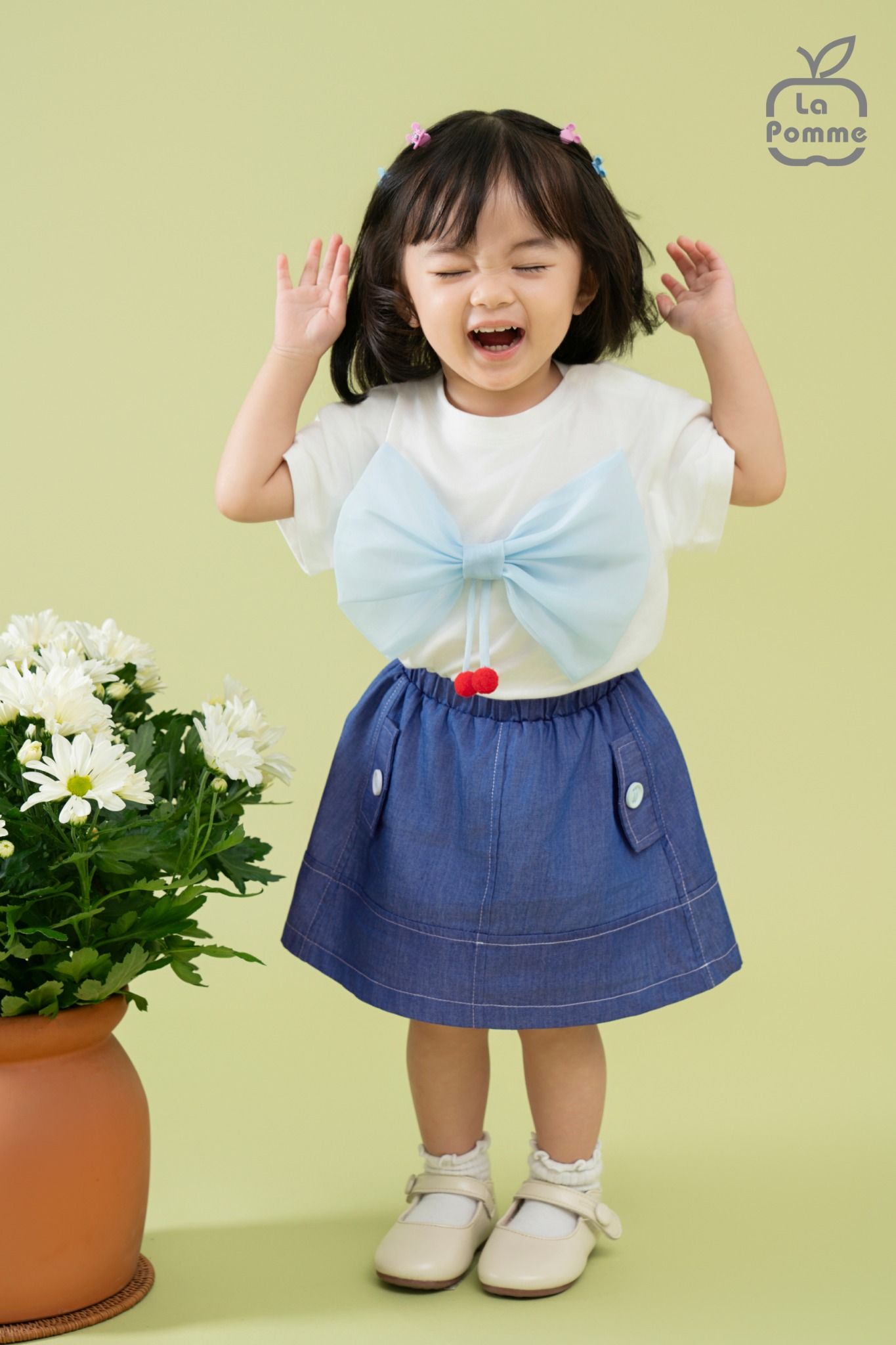 Bộ cộc tay La Pomme giả váy Áo nơ tung tăng